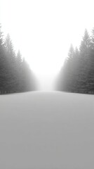 A serene winter scene with tall pine trees lining a snow-covered path disappearing into a foggy white horizon.