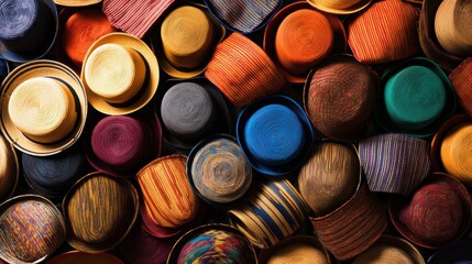 Colorful collection of handcrafted hats stacked together, showcasing vibrant patterns and textures