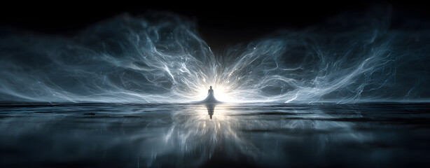 Wispy ghost floating above a pond, rim lighting with selective focus, symmetry reflection effect, analogous icy palette, smooth transparent textures