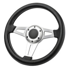 A black and silver steering wheel with a perforated grip, isolated on transparent background