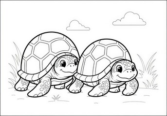 Happy Cartoon Turtles with Big Smiles Crawling on a Sunny Day in a Playful Scene