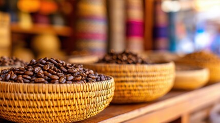 A vibrant market scene showcasing woven baskets filled with roasted coffee beans under warm sunlight