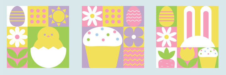 Set of square geometric easter greeting cards in flat minimalist style. Template for invitation, postcard, poster, flyer. Vector illustration