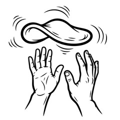 Hands tossing pizza dough sketch black and white culinary illustration, food art, dynamic playful line drawing isolated on white background restaurant design.