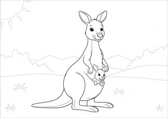 Obraz premium Cute Kangaroo with Baby in Pouch in a Scenic Landscape Illustration for Creative Projects