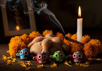 Pan de muerto on Dia de los Muertos altar with marigold flowers, clay sugar skulls, candlelight, and incense smoke