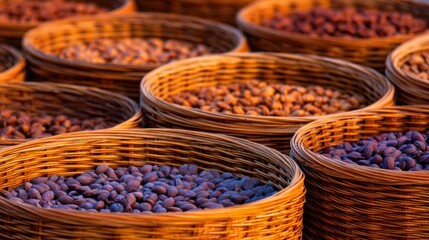 Baskets filled with cocoa beans in warm sunlight, showcasing the harvest process in a rural setting