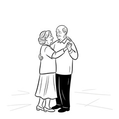 Elderly couple dancing illustration graceful line art, love, affection, timeless joy, companionship, minimalist black and white drawing isolated on white background artwork.