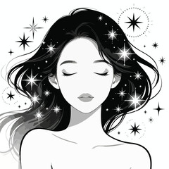 Black and White Vector Illustration of a Woman with Closed Eyes and Magical Sparkles Around Her