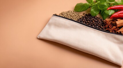 A collection of vibrant spices and herbs spilling from a fabric pouch on a soft beige background