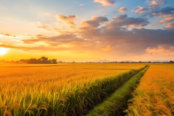 Golden Rice Field Under a Dramatic Sunset Sky with Clouds and Distant Trees in Rural Landscape