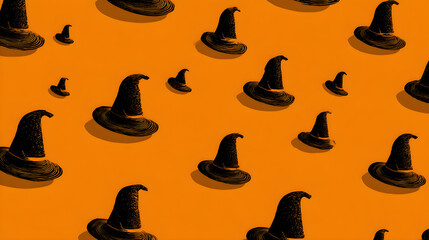 Witch hat icons tiled diagonally in vector flat design, minimal monochrome orange palette, rule of thirds asymmetry, scalable seamless commercial stock wallpaper