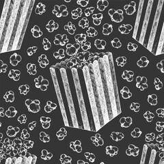 Hand Drawn Vector Pop Corn Seamless Pattern. Not AI Generated. Movie Night Chalk Board Background. Old Fashioned American Culture Illustration. Vintage Popcorn Design.