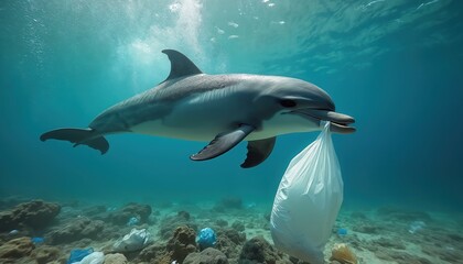 Dolphin swims underwater holding plastic bag in mouth. Rubbish litters seabed below. Marine life suffers from ocean pollution crisis affecting ecosystems worldwide.