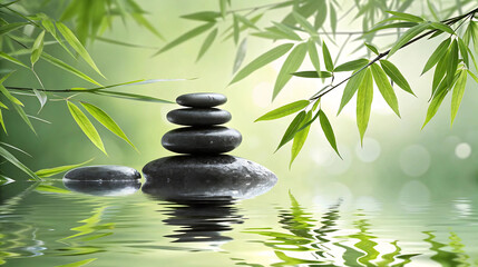 Zen Stones and Bamboo Leaves Reflected on Water &ndash; Use for Spa Branding, Wellness Retreat Ads, Nature Meditation Posters, Zen Interior Decor