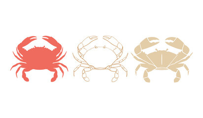 Three crabs in coral tan and outline styles on white background seafood crustacean