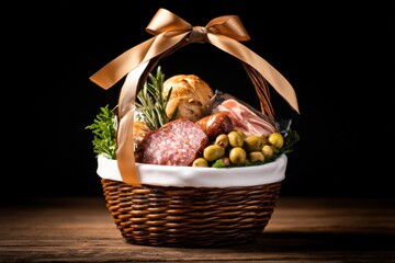 A beautifully arranged gourmet gift basket featuring meats, olives, and bread, set against a dark backdrop