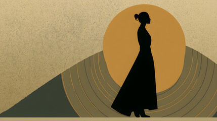 Witch silhouette abstract flat vector, golden spiral framing, duotone palette, matte minimalism
