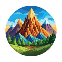 Vibrant stylized mountain range landscape with trees and sky