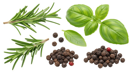 Isolated aromatic herbs and spices, rosemary, basil, and peppercorns used as flavorings © Sophia