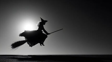 Witch silhouette flying across minimal gradient sky, split lighting, high-key exposure, rule of thirds, matte finish