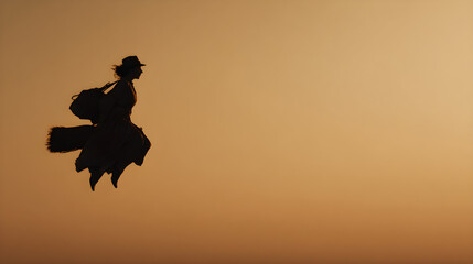 Witch silhouette flying across minimal gradient sky, split lighting, high-key exposure, rule of thirds, matte finish