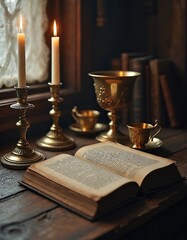 Open book on wooden table with candles and antique objects. Lit white candles in golden candlesticks. Old book with yellow pages. Gold chalice and cup on table in dimly lit room.