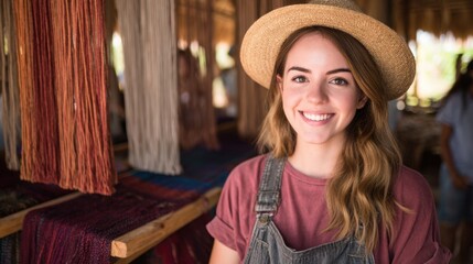Smiling young woman in a straw hat stands in a vibrant textile workshop, showcasing colorful yarns