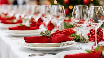 Elegant Christmas dinner table setting with red accents and festive decorations for a holiday celebration