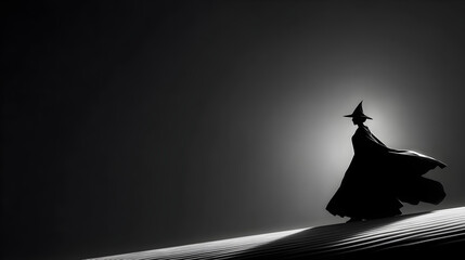 Witch silhouette gliding across gradient night, split lighting accent, monochrome minimal matte