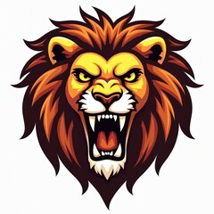 Naklejka premium Visual illustration of a fierce lion head with open mouth and sharp teeth. The lion has a golden mane and yellow eyes. The graphic is on a white background.