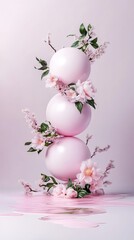 Three pink spheres are stacked vertically and adorned with flowers against a softly illuminated, light pink backdrop.