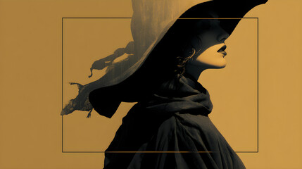 Witch silhouette minimal vector cutout, golden ratio framing, duotone palette, matte poster finish