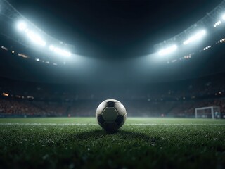 Football rolling towards goalpost at night