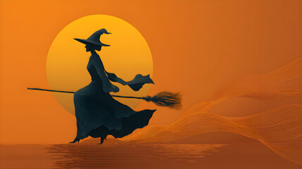 Witch silhouette with broom crossing moon, HDR exposure control, golden spiral composition, matte vector