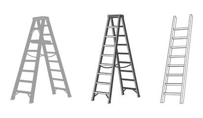 Three different styles of ladders on white background step ladder extension ladder