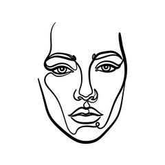 Woman face single line art drawing minimalist black and white illustration, elegant continuous line, modern sketch isolated on white background artwork design.