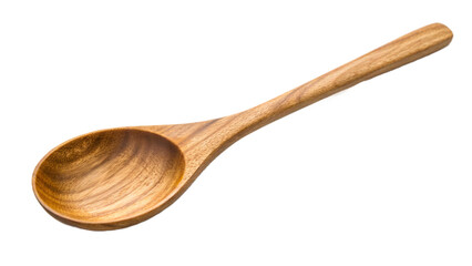 A single wooden spoon with a curved handle and a deep bowl, isolated on transparent background