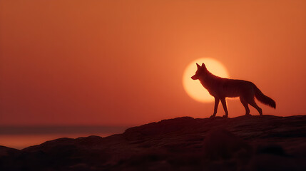 Wolf shadow cast across red horizon, telephoto capture with rim highlight, golden ratio horizon placement