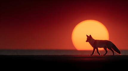 Wolf shadow cast across red horizon, telephoto capture with rim highlight, golden ratio horizon placement