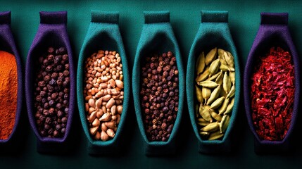 Colorful assortment of spices and legumes displayed in fabric containers on a vibrant background