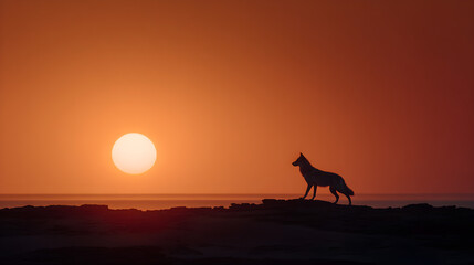 Wolf shadow cast across red horizon, telephoto capture with rim highlight, golden ratio horizon placement