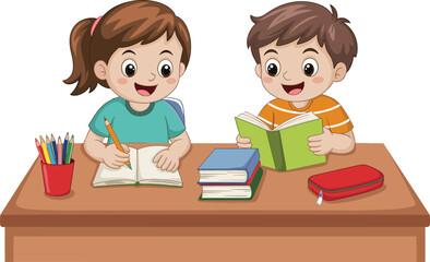Happy children studying together at school desk, boy reading book and girl writing in notebook, cartoon vector illustration for education, learning, classroom, teaching