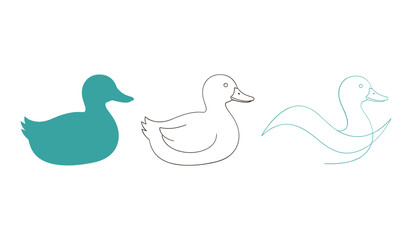 Three duck illustrations in different styles teal outline and solid vector