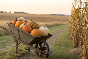Rustic Wooden Wheelbarrow Full of Colorful Pumpkins on Farm Path with Cornfields at Sunset