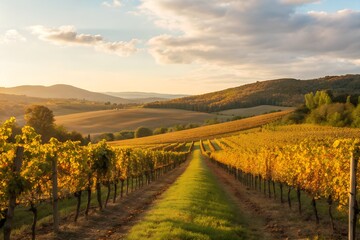 Naklejka premium Scenic Vineyard Landscape Under Golden Sunset Light in Tuscany Italy with Rolling Hills and Rows of Grapevines