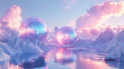 Two large iridescent orbs reflect surrounding landscape including snowy mountains and cloudy sky over calm water.