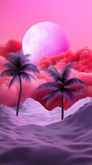 Two palm trees stand on a light purple landscape under a full moon and pink fluffy clouds.