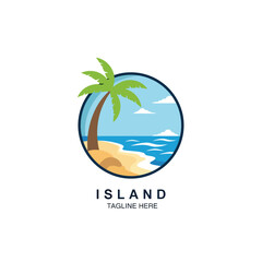 Tropical island logo with palm tree and beach