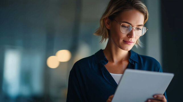 Businesswoman reviewing document on digital tablet.